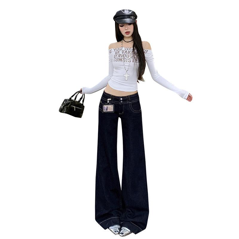 American double-button micro-pull jeans women's autumn and winter new low-rise loose wide-leg thin versatile flared pants