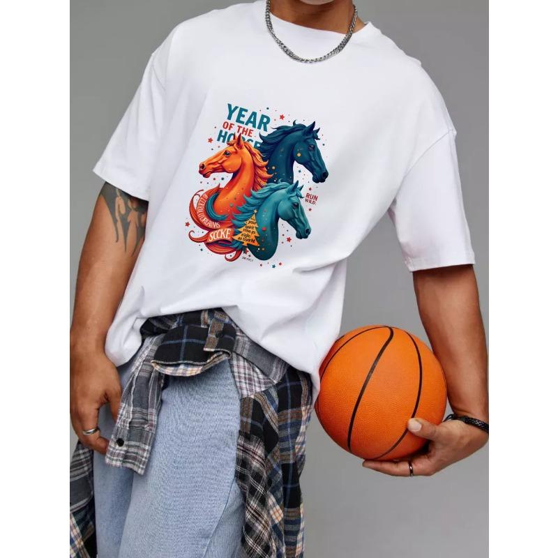 Crewneck T Shirt White Year of The Horse Three Colorful Horses and Stars Print Casual Wear for Men and Women
