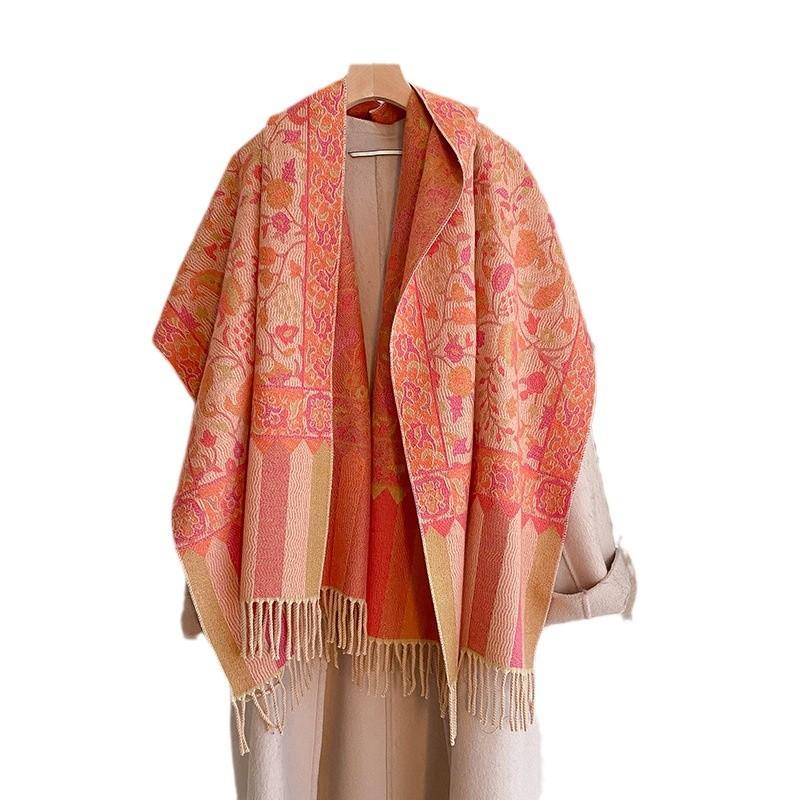 Small floral tassel shawl women's autumn and winter core-spun yarn warm scarf thickened imitation cashmere travel scarf