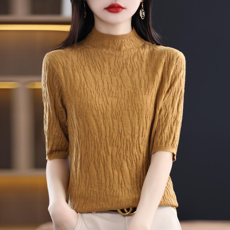 Women Knit T-shirt Summer Knitted Shirt Short Sleeve Tees Spring Pullover Knit Tops