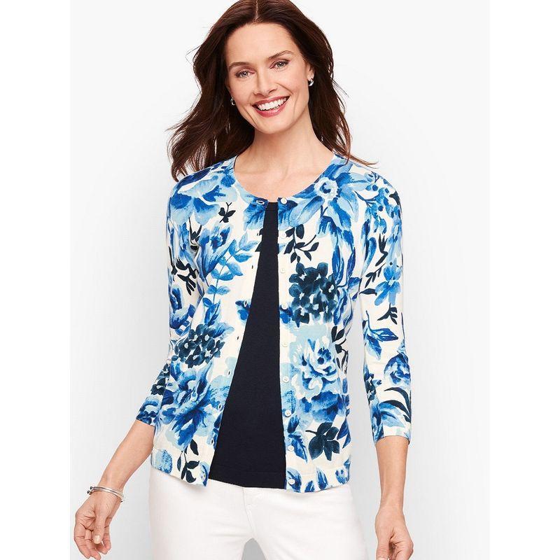 

Cotton Elastic Printed 3/4 Sleeves Fashion Elegant Knitting Cardigan Watercolor orchid S