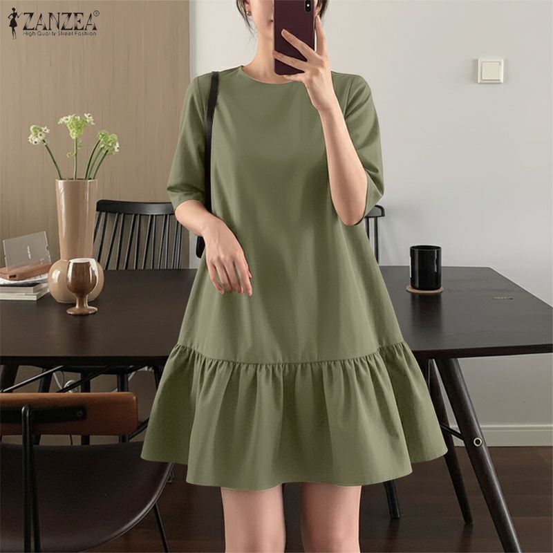 ZANZEA Women Casual Round Neck Solid Color Half Sleeve Dress