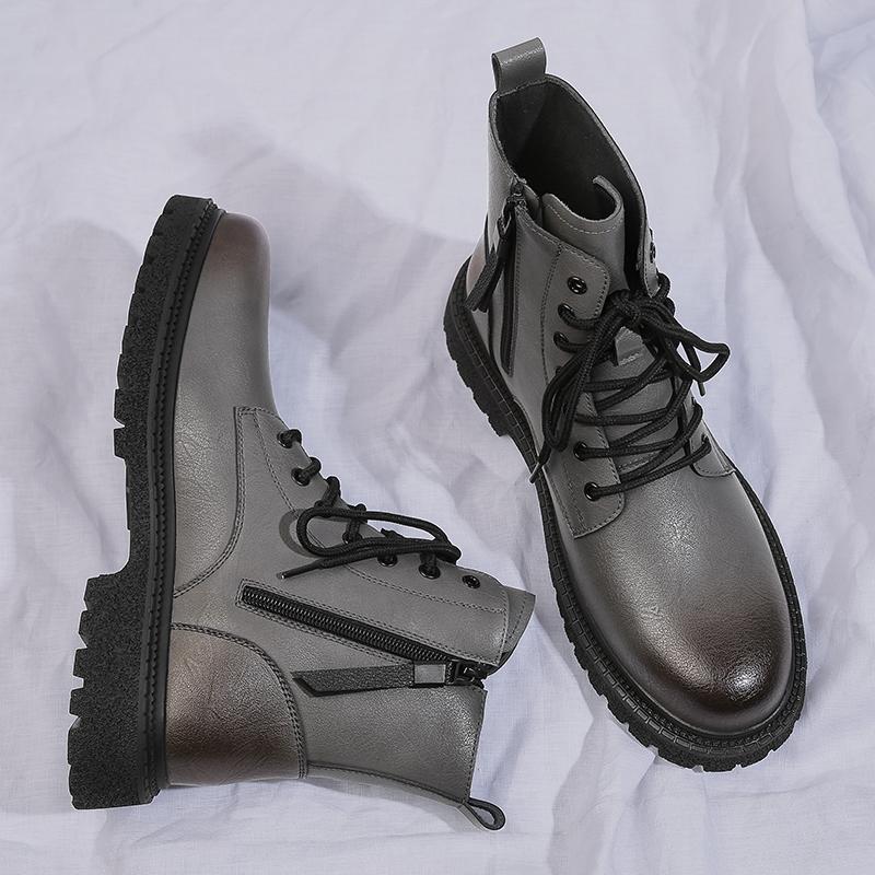 Fashion Mens Ankle Boots Winter Hiking Motorcycle Boots Casual Fashion Low-heeled Genuine Leather High Top Black Warm Cotton Shoes