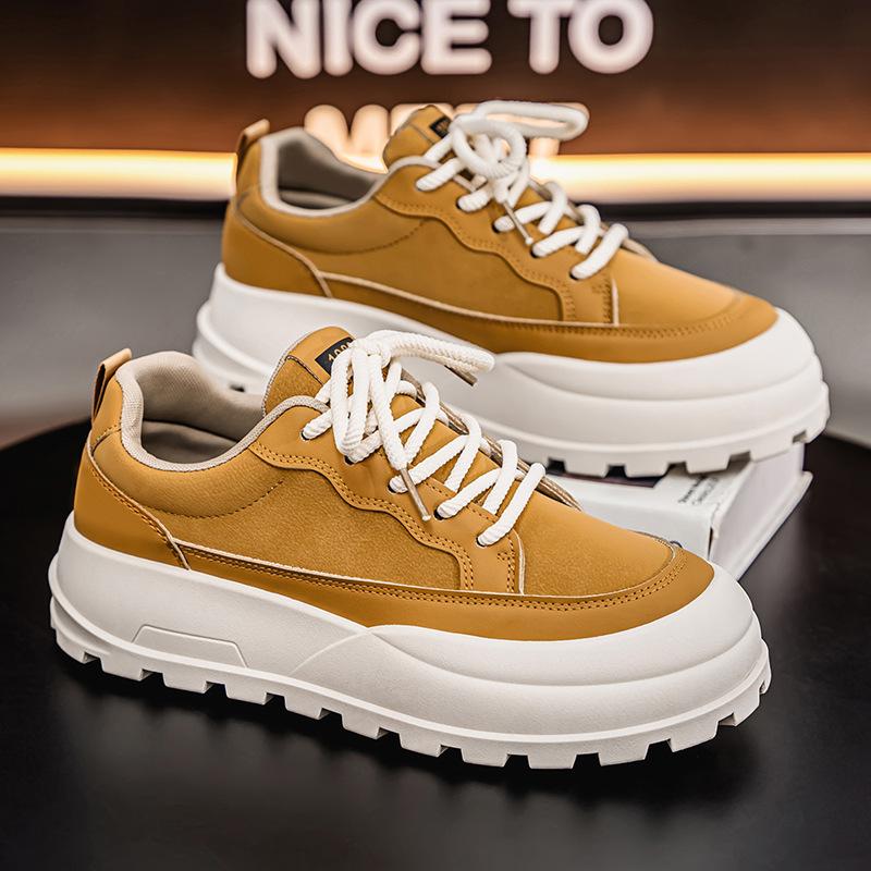 

2026 Men Platform Leather Casual Shoes Popular Youth Flats Sneakers Outdoor Non-slip Comfortable Man Board Shoes Tenis Masculino 39 хаки