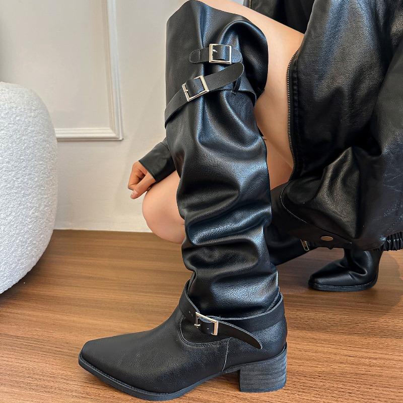 Designer Women Knee High Boots Chunky Fashion Heeled Shoes Fashion Pumps Winter Mid Heels Shoes  Winter Woman Chelsea Botas