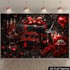 2D Black Red Rose Champagne Gift Box Birthday Backdrop Red Heart Balloon Photo Background Banner