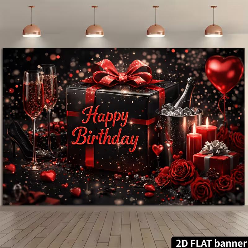 2D Black Red Rose Champagne Gift Box Birthday Backdrop Red Heart Balloon Photo Background Banner