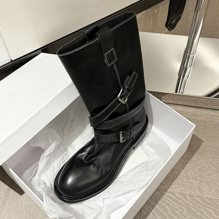 

Винтажные ботинки средней высоты из вымытой лошадиной кожи, женские ботинки в стиле рыцаря, осень 2025, новая модель, плиссированные, с ремешком и пряжкой, на низком каблуке, ковбойские ботинки в западном стиле 40 чёрный