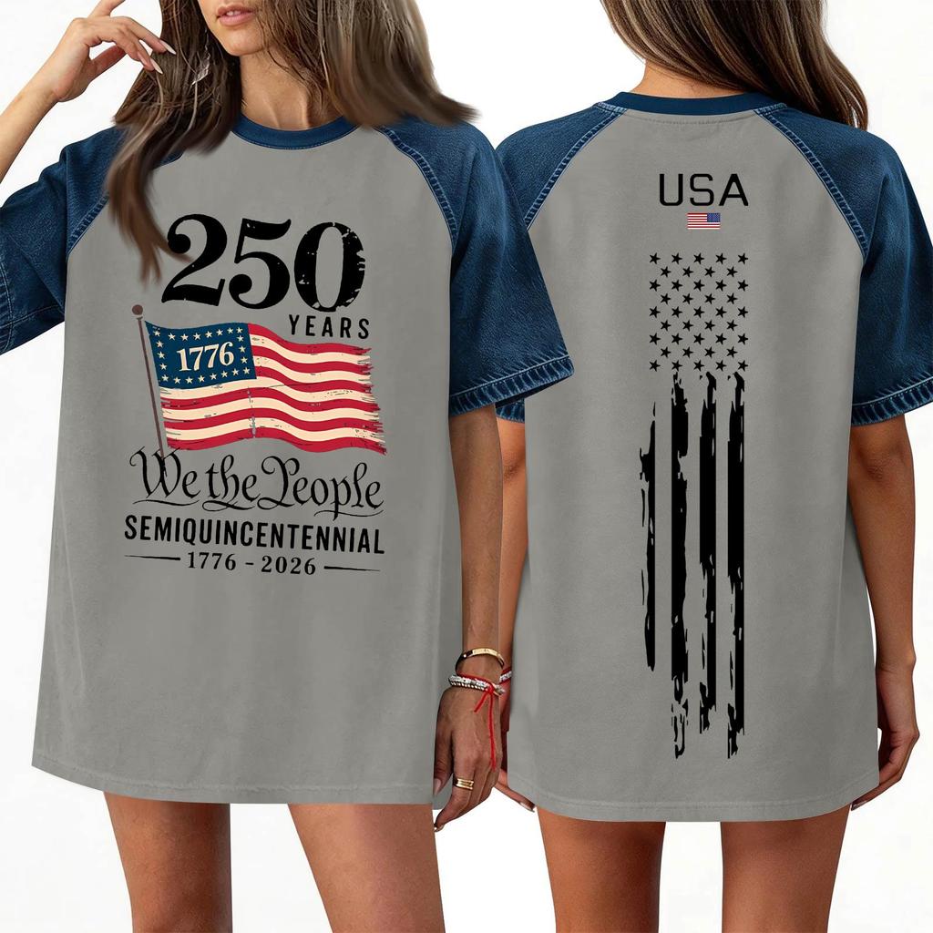 Women's Denim Patchwork Top, Casual Short-sleeved Comfortable T-shirt, Fashionable For Spring And Summer.