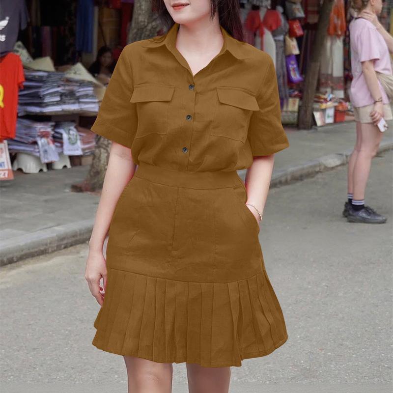 

ZANZEA Женское повседневное летнее платье с отложным воротником и коротким рукавом 5XL хаки