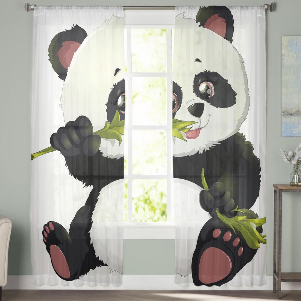 Animal Cute Panda Bamboo Tulle Curtain For Living Room Bedroom Modern Sheer Curtains Decorative Window Treatment