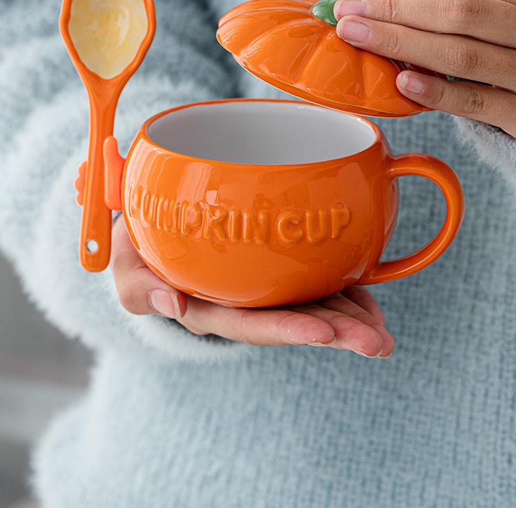 Adorable Pumpkin Ceramic Mug Set with Lid & Spoon for Students