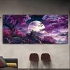 1 moderne abstracte landschap olieverf kunstprint wanddecoratie, serene paarse maan en kersenbloesems, woonkamer of bed
