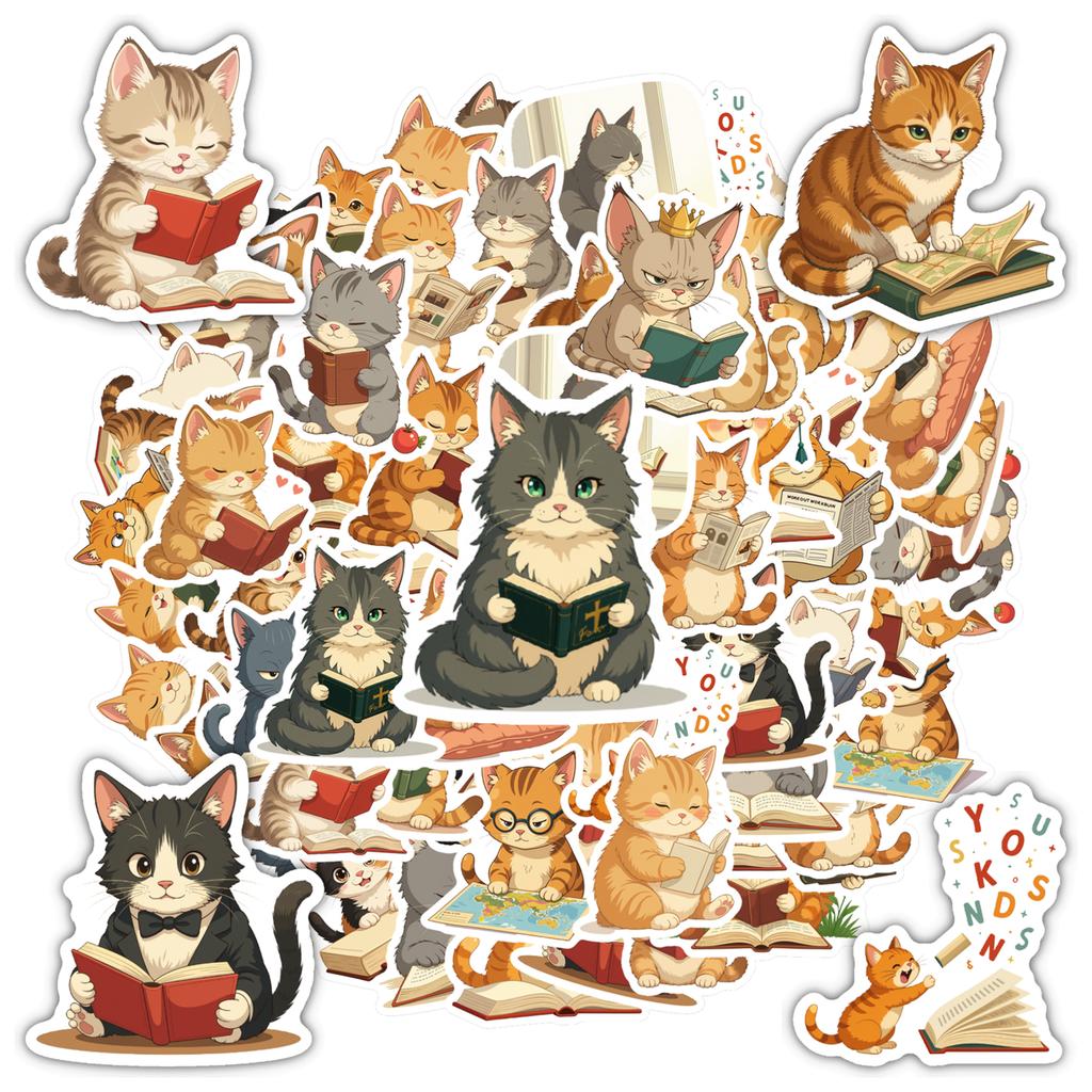 35-100pcs Cat Reading Stickers Funny Meme Stickers Pack Animal Cartoon Decals Cute Sealing Labels Reward Stickers Gift