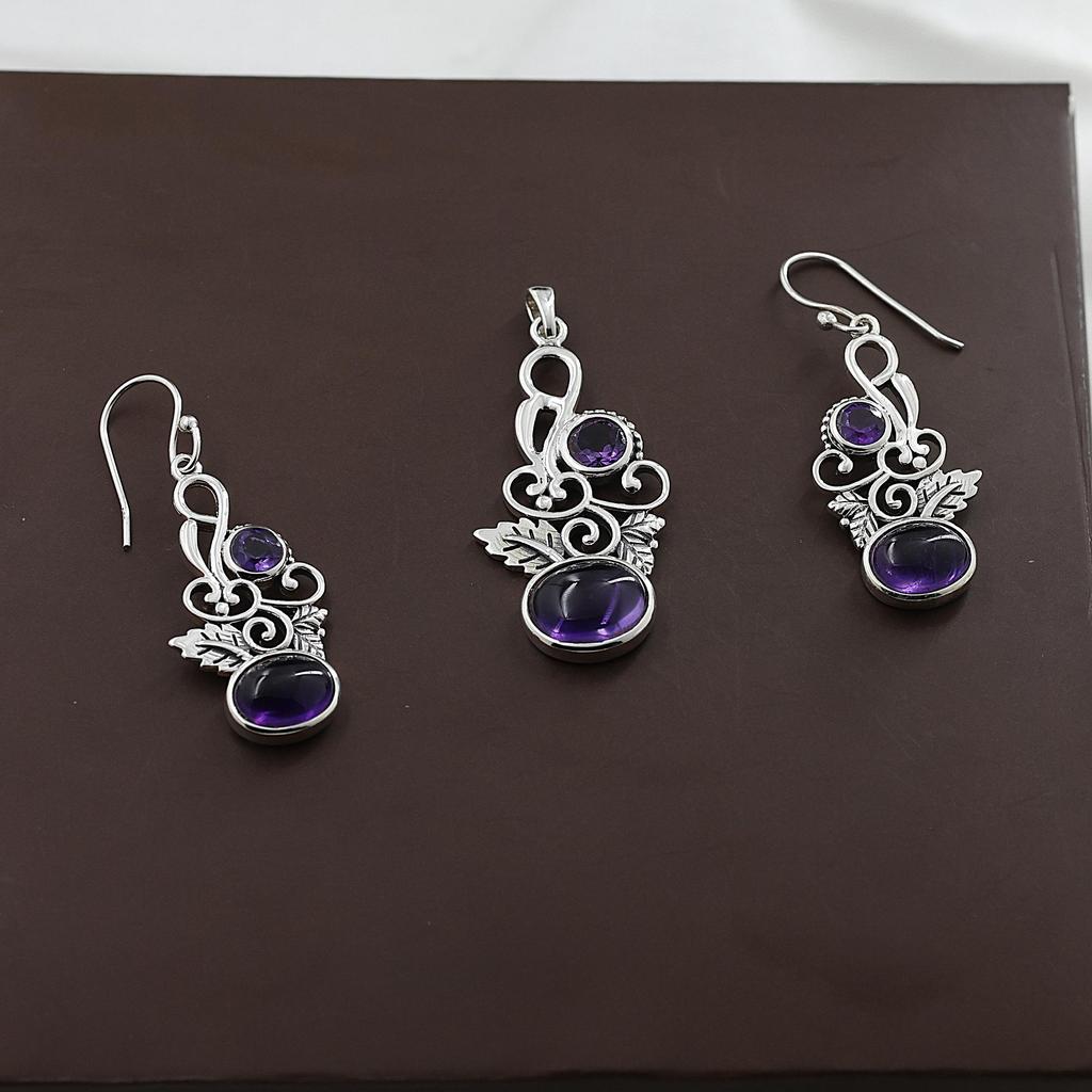Amethyst Silver Pendant Earring Set, 925 Sterling Silver Handmade Jewelry, February Birthstone Jewelry, Dangle Earring An0448-185