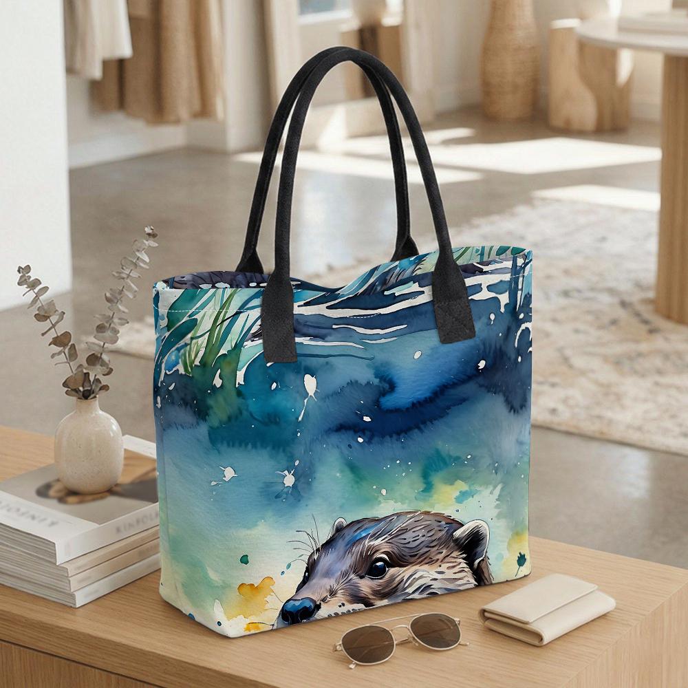 Watercolor Otter Print Canvas Tote Bag Casual Large Capacity Shoulder Handbag for Daily Use