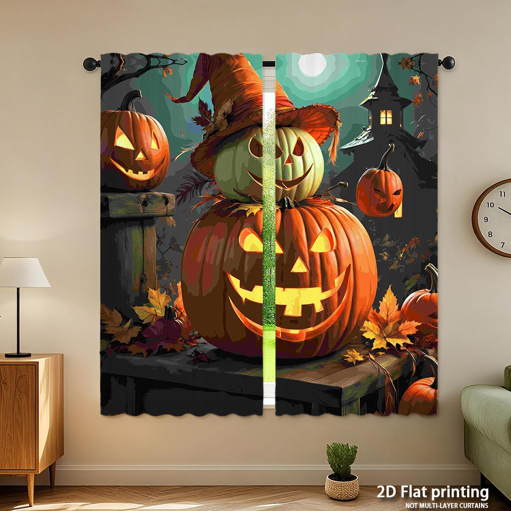 Piece Set High Definition Digital Printed Curtainshalloween Pumpkin Colorful Night Fallen Leaves Dark Backgroundhome Decora Curtain Polyester