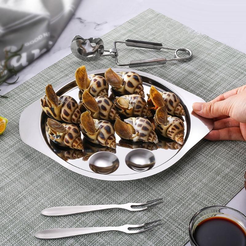 Metal Seafood Utensils Stainlesss Steel Escargots Dish and Tongs Set Snail Bakings Plate with Clamps Kitchenwares