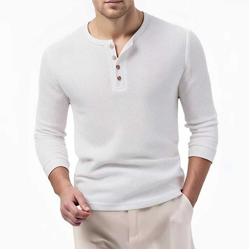 

Чоловіча футболка-henley з вафельною текстурою, базова, дихаюча, з довгим рукавом, для весни та осені, повсякденна, однотонна, з ґудзиками XL білий