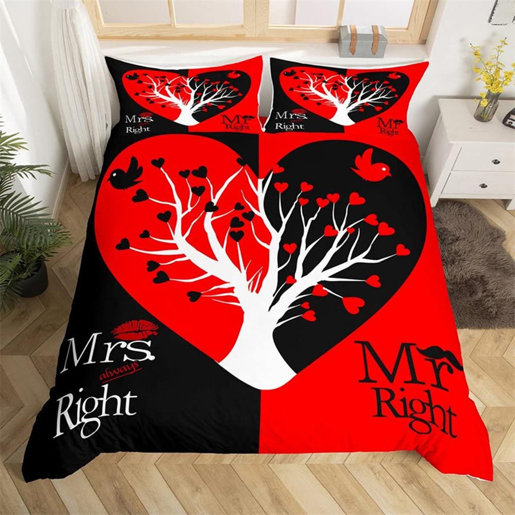 Paar Romantische Hochzeit Herr und Frau Bettbezug Mikrofaser Lustige Zitate Liebesherz Glück Liebesvögel für Valentinstag Erwachsene