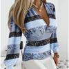 YYFS Women's Fashion Casual Spring Fall Stripe Print Long Sleeve V-Neck Blouses & Shirts