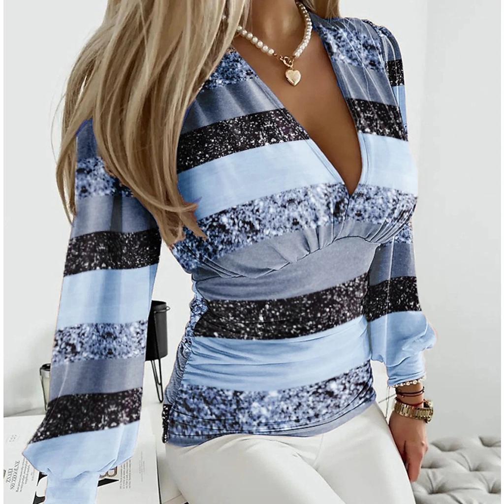 YYFS Women's Fashion Casual Spring Fall Stripe Print Long Sleeve V-Neck Blouses & Shirts
