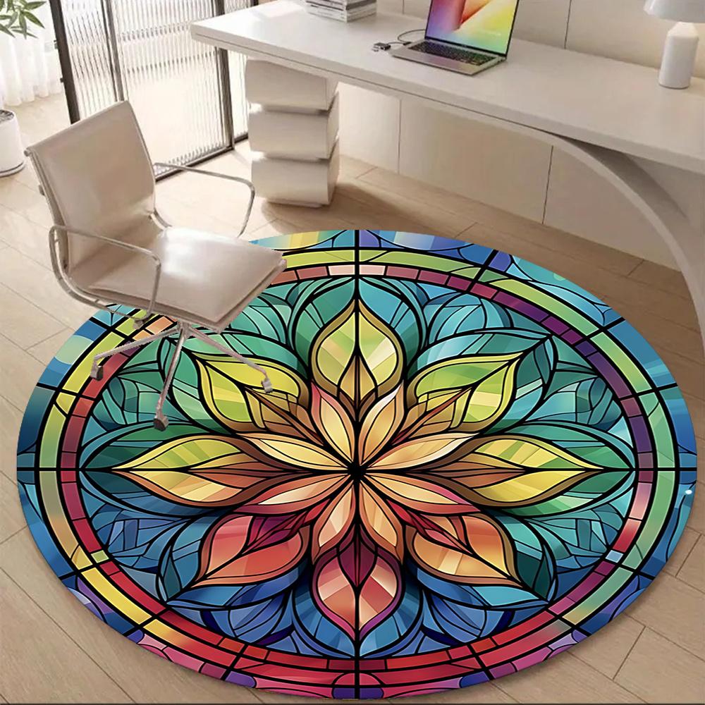 1pc Stained Glass Mandala Office Round Area Rug, Indoor Mat Suitable ForOffice, Under Office Chairs Bedroom Living Room Home Decor, Room Deco q069