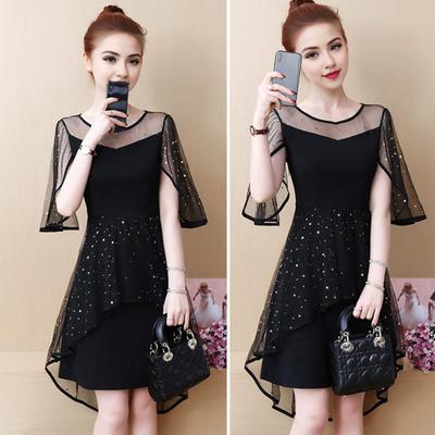 Women Evening Dress Mesh Patchwork Irregular Round Neck Star Sequin Double-layered Ruffle Short Sleeves