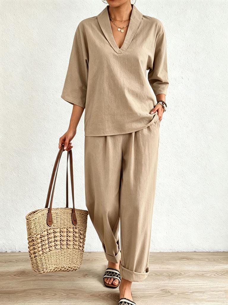 Spring and summer European and American style V-neck short-sleeved suit fashionable casual wide-leg pants suit