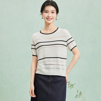 Women's Silk Blend Color Block Hollow Knit T-Shirt