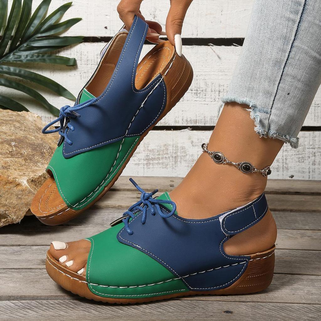 Women's Plus Size Color Block Wedge Sandals with Thick Sole and Velcro Lace-up.