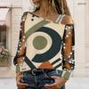Women Plus Size Asymmetric Cold Shoulder Long Sleeve Geometric Print T Shirt Floral Embroidered Sheer Sleeves