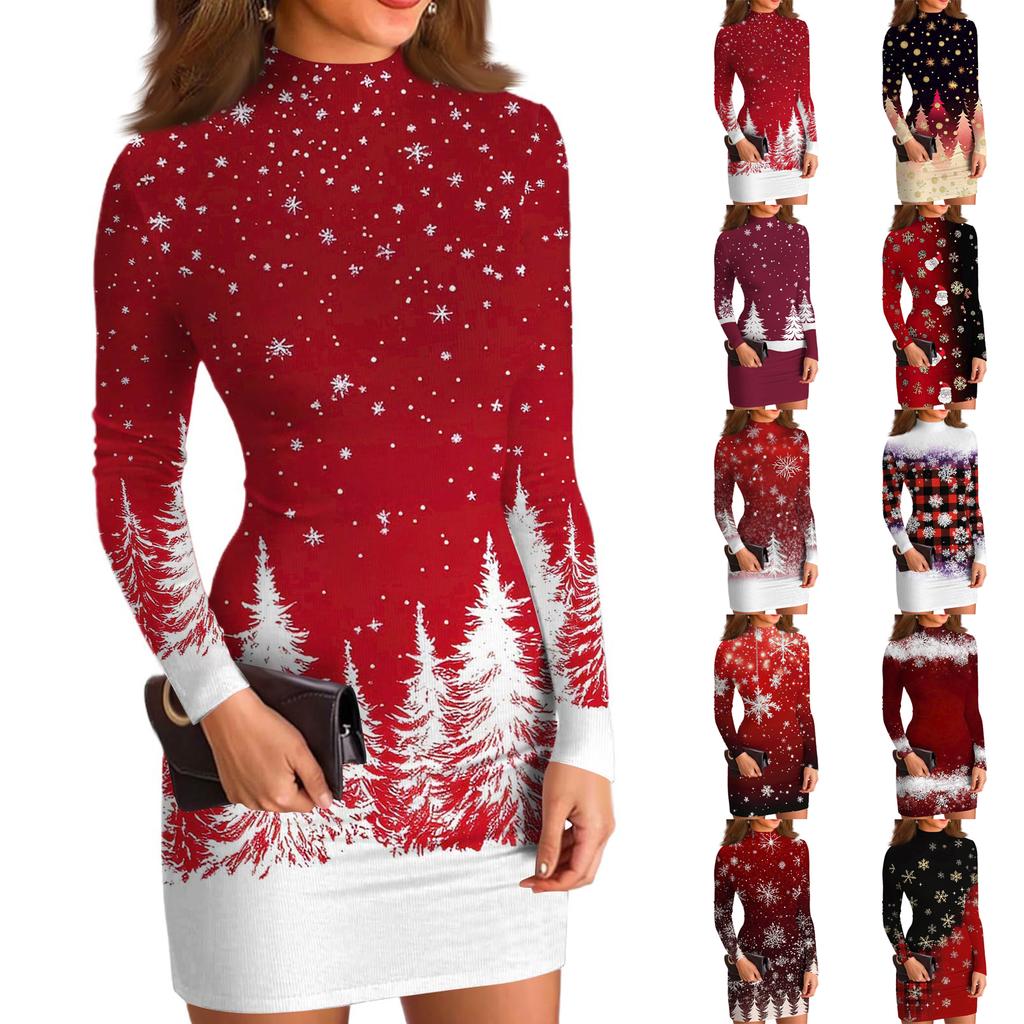 Women's High-Neck Casual Long-Sleeved Printed Slim-Fit Dress