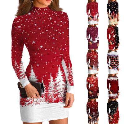 Dámské ležérní šaty s vysokým krkem, dlouhým rukávem, potiskem a slim-fit střihem
