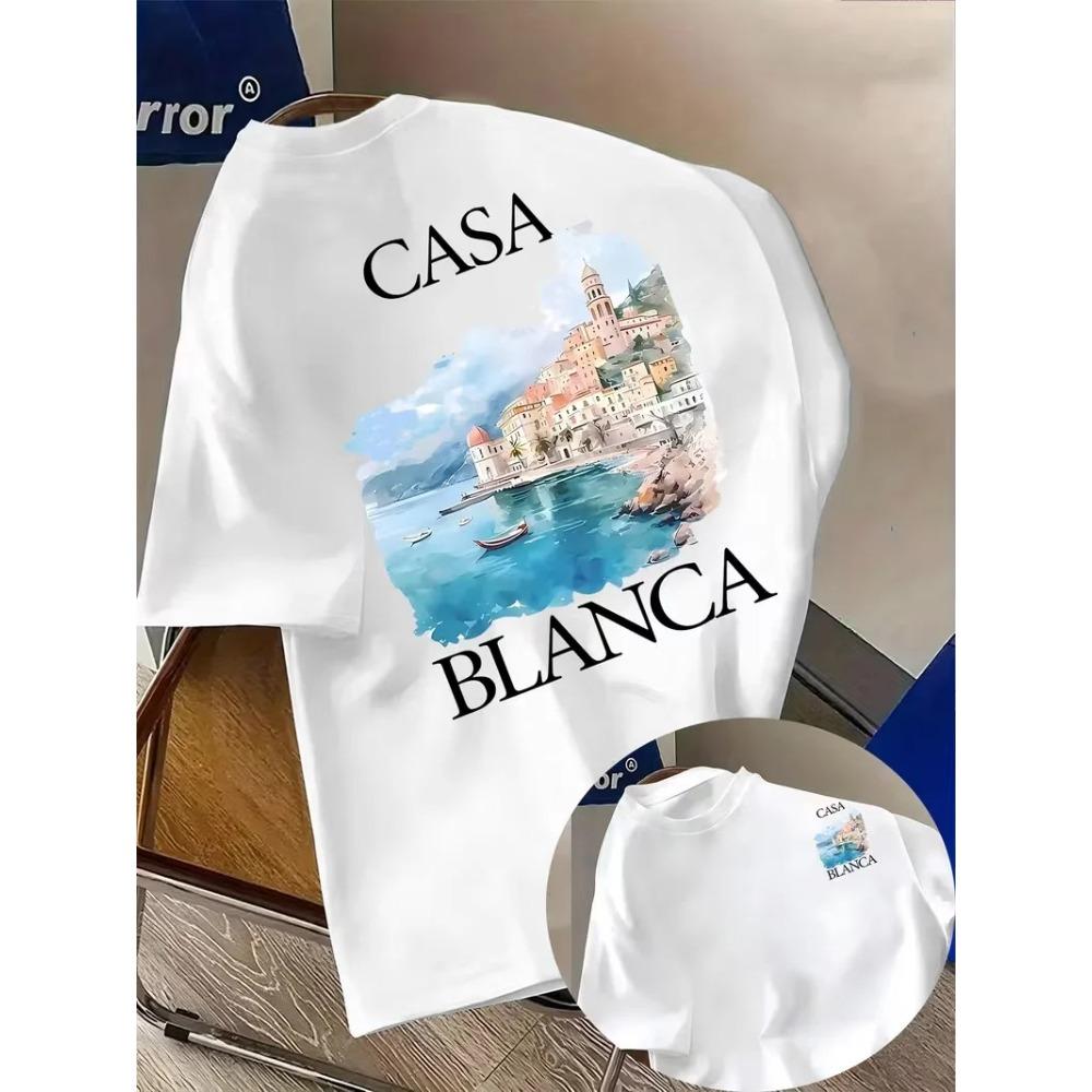 T-shirt Grafica con Paesaggio Costiero di Casablanca in Offerta Speciale Stampa Vacanza al Mare Moda Larga Casual Oversize Uomo Donna Manica Corta Top Estivo Nuova Maglietta