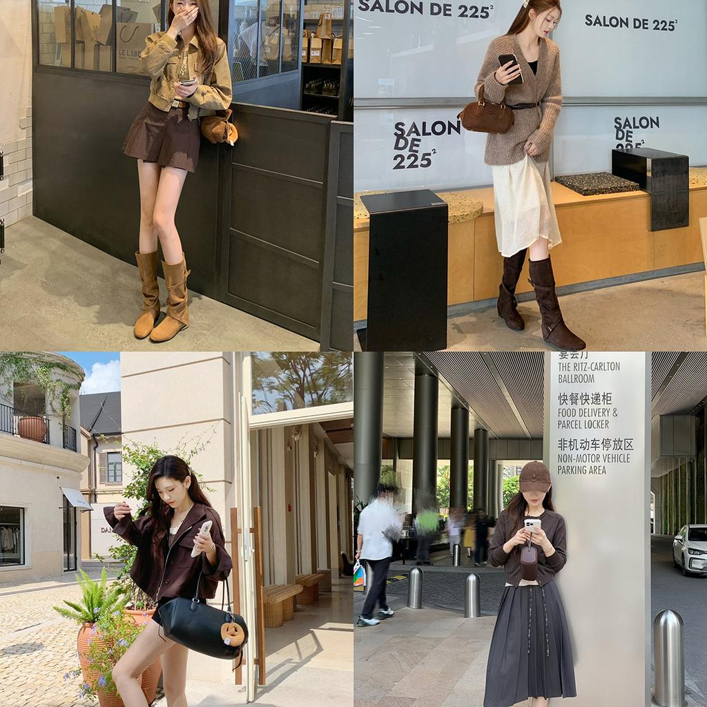 Height increase~ Double tube circumference small western boots round head suede piling boots medium long boots women's autumn and winter
