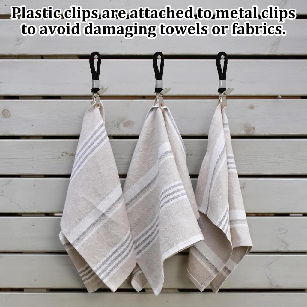10 Pieces of Towel Clips, Metal Kitchen Towels Clips, Braided Cotton Loop, Sturdy and Durable, Effective Space Saving, Suitable for Home Kitchen