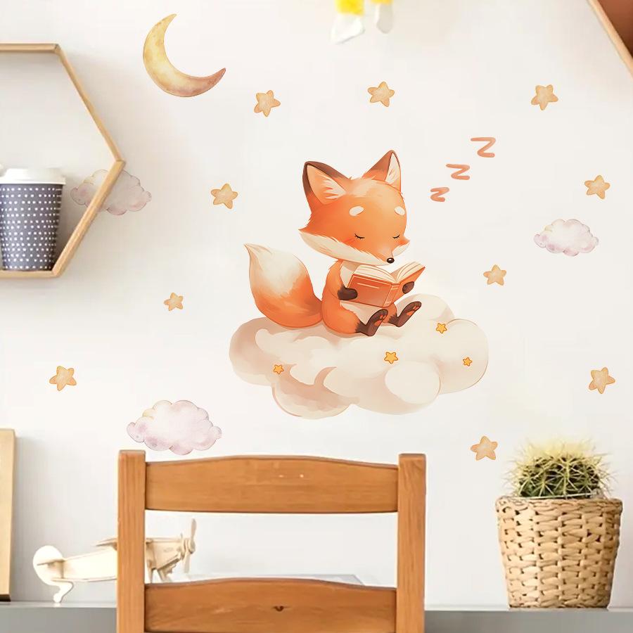 Little Fox Telling Bedtime Story Under Stars and Moon Wall Stickers, Self-Adhesive Fairy Tale Decor for Kids Room Nursery Decoration