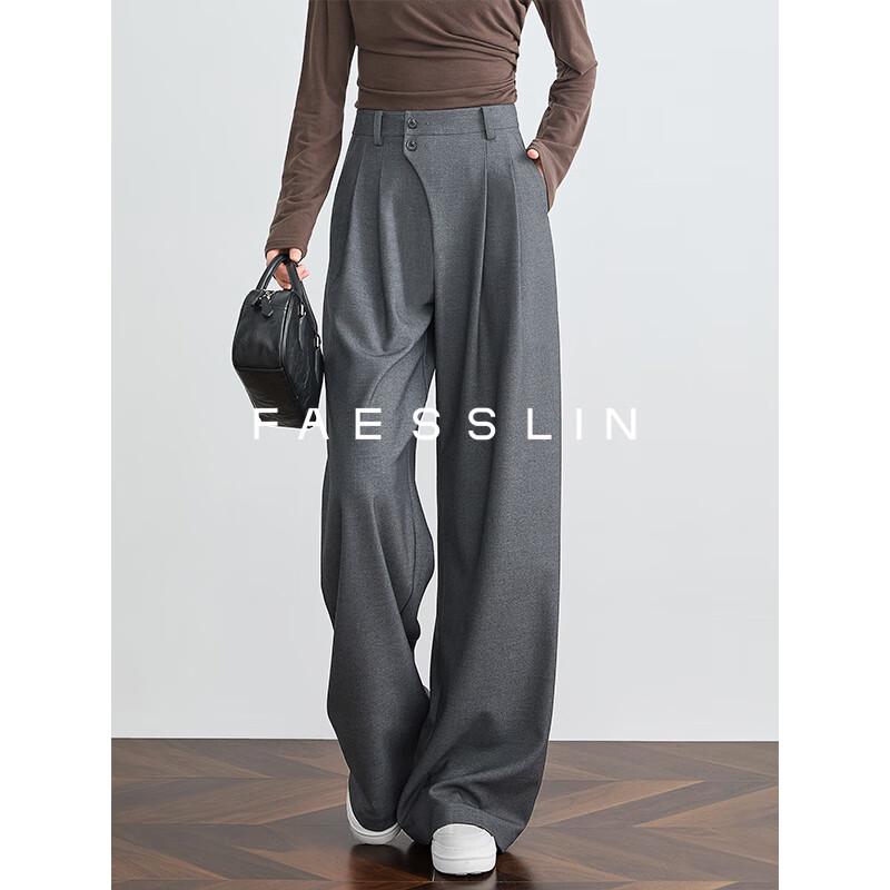 

FAESSLIN Women s Grey Loose Wide-Leg High-Waist Suit Pants M