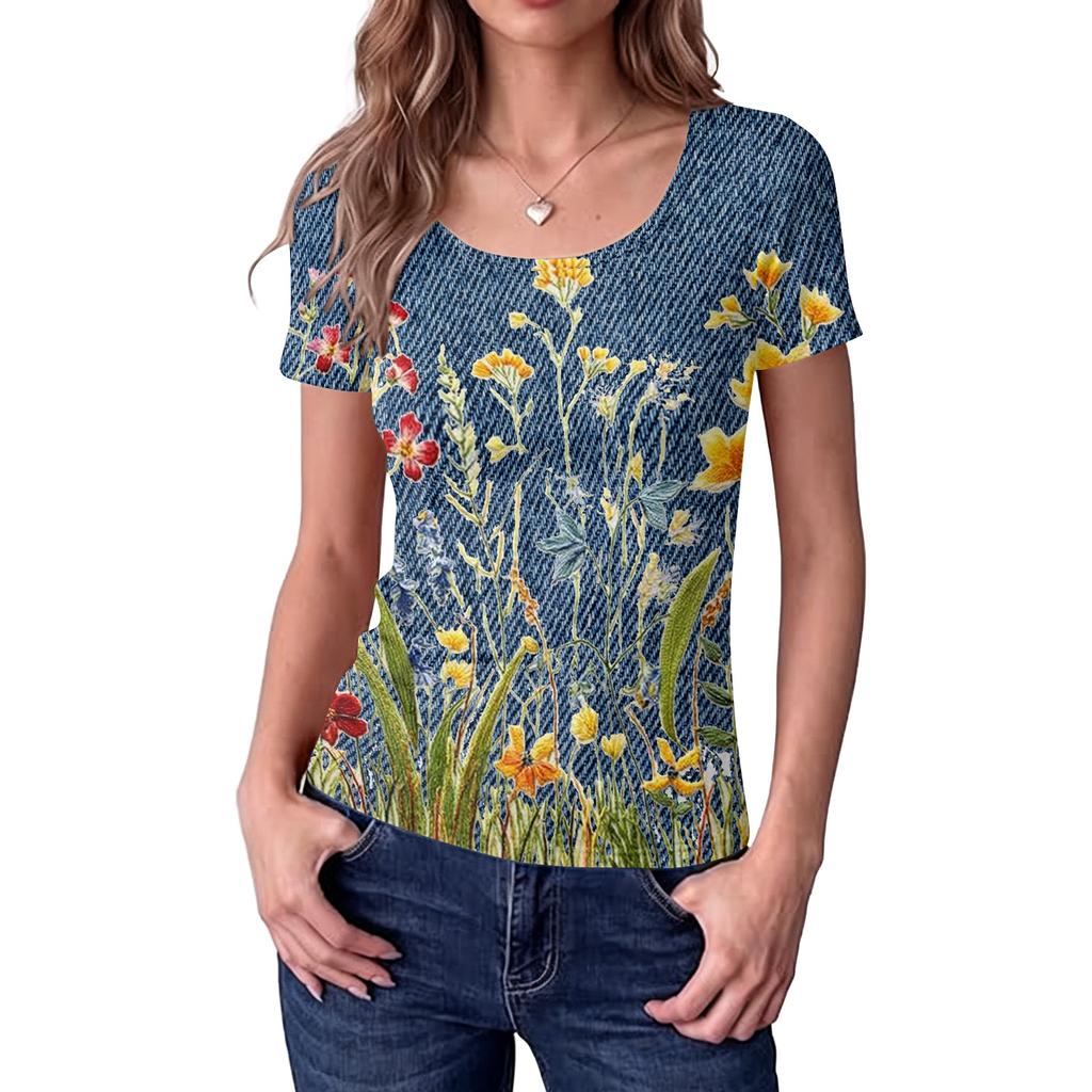 Women's Slim Fit Square Neck Vintage Floral Print Short Sleeve Top Stretchy Casual Blouse for Daily Wear and Outdoor Activities