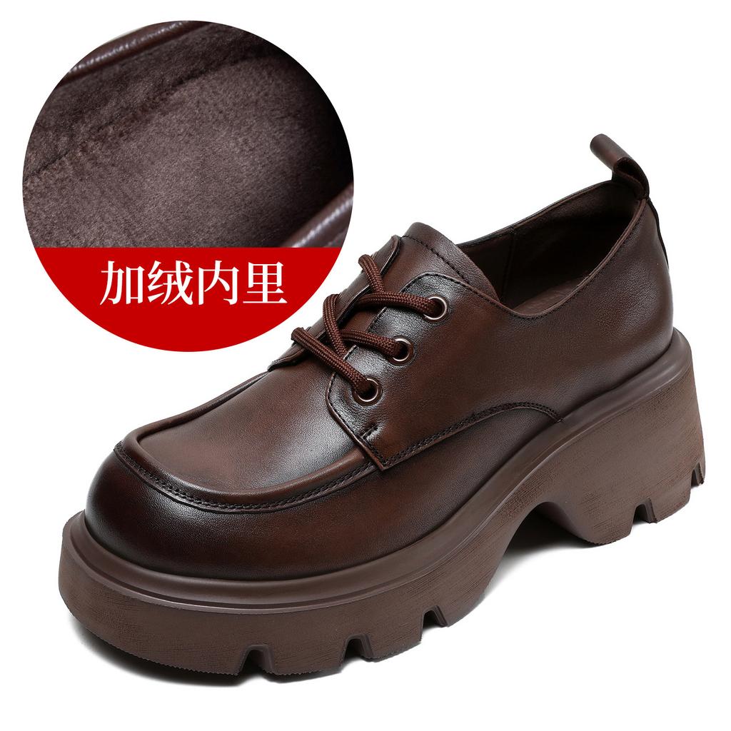 Leder braun retro kleine Lederschuhe Damen neu Frühling und Herbst dicke Sohle Plateau britischer Stil Schnür-Loafer