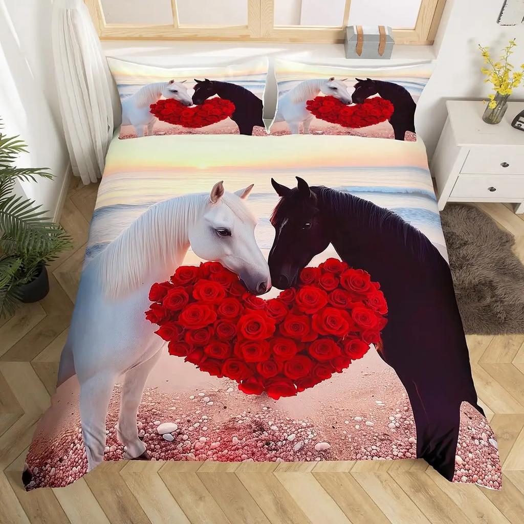 Pferde-Bettwäsche-Set für Mädchen Rustikales Bauernhofpferd Bettbezug Queen Rosa Kirschblüten-Deckenbezug Farbverlauf-Tagesdecke