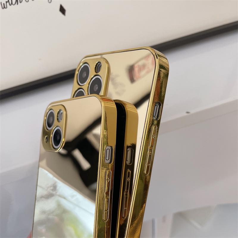 Luxury Gold-Plated Hard Mirror Phone Case for iPhone 12/13/14/15/16/17 Pro Max, Silver Gold-Plated
