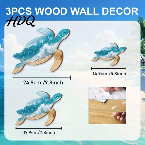 Coastal Resort Wall Ornaments 3Pcs Wooden Turtle Art Ocean Theme Hanging for Bathroom Mediterranean Home Accents Living Room Bedroom Beach