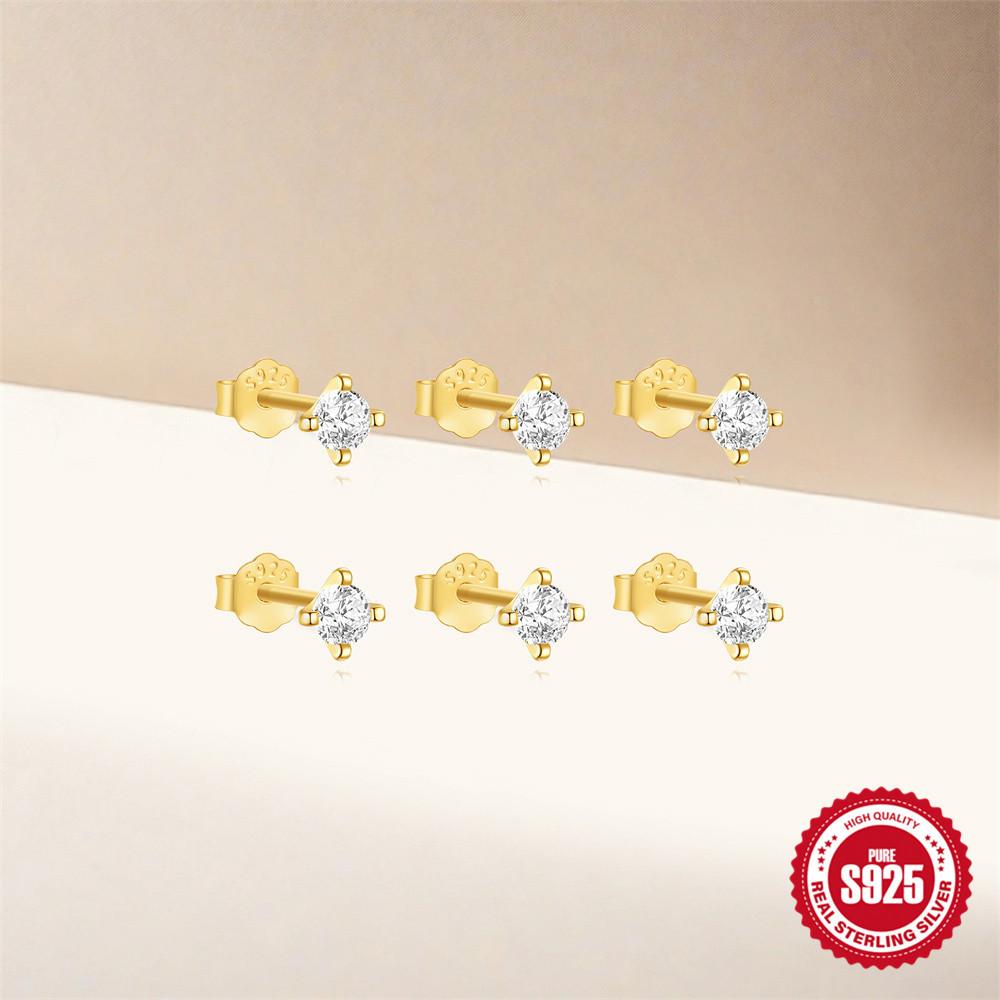 Stylish And Simple Style S925 Sterling Silver Four-Claw Diamond-Encrusted Basic Daily Matching Temperament Stud Earrings Set Women