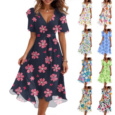 Damenmode Lässig V-Ausschnitt Kurzarm Rüschen Vintage Bedruckte Kleider