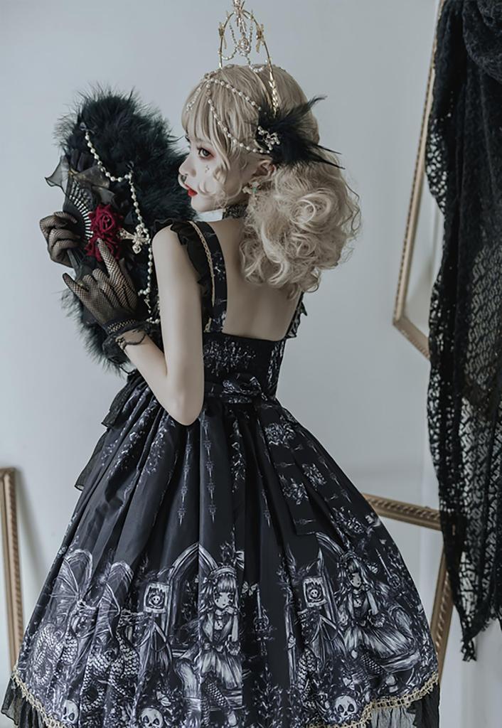 Gothic Lolita JSK Jumper Skirt with Ribbon and Sickly Gothic Mori Idol Size M [XHSUKADO] Lace, Lace-Up, Women's Dress, Cute, Ruffled, Style, Girl,
