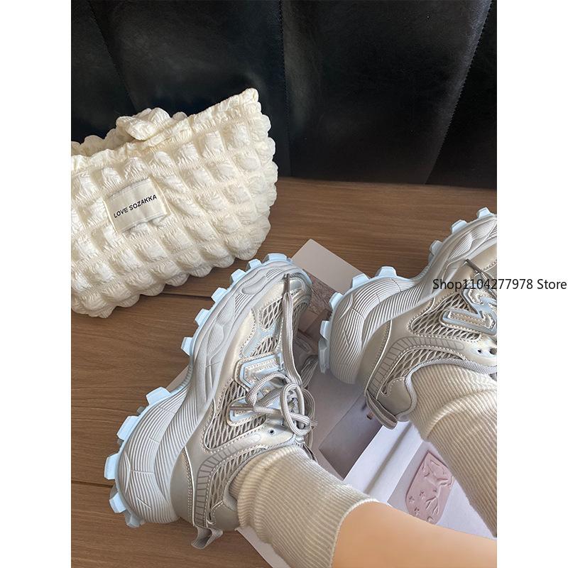 Fashion 2025 Popular Women's Chunky Sneakers Breathable Mesh Platform Sports Shoes Woman Flats Fashion Lace Up Thick Sole Casual Mujer