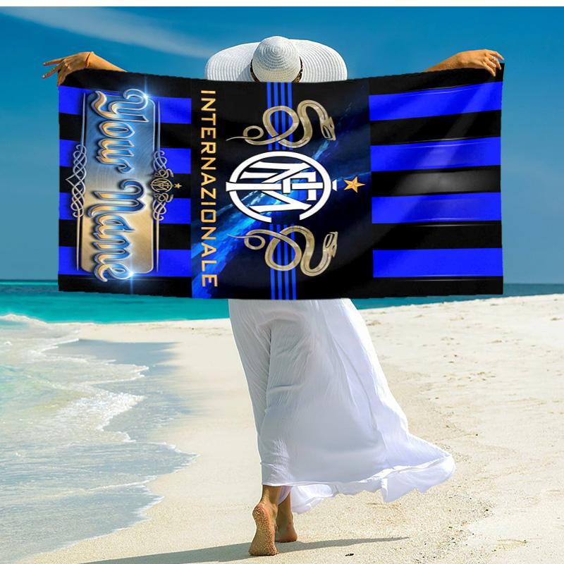 1pc Internazionale Milano Beach Towel with Custom Name, Beach and Seaside Swimming Pool Equipment, Fashion Pattern, Rectangular, Travel Essential