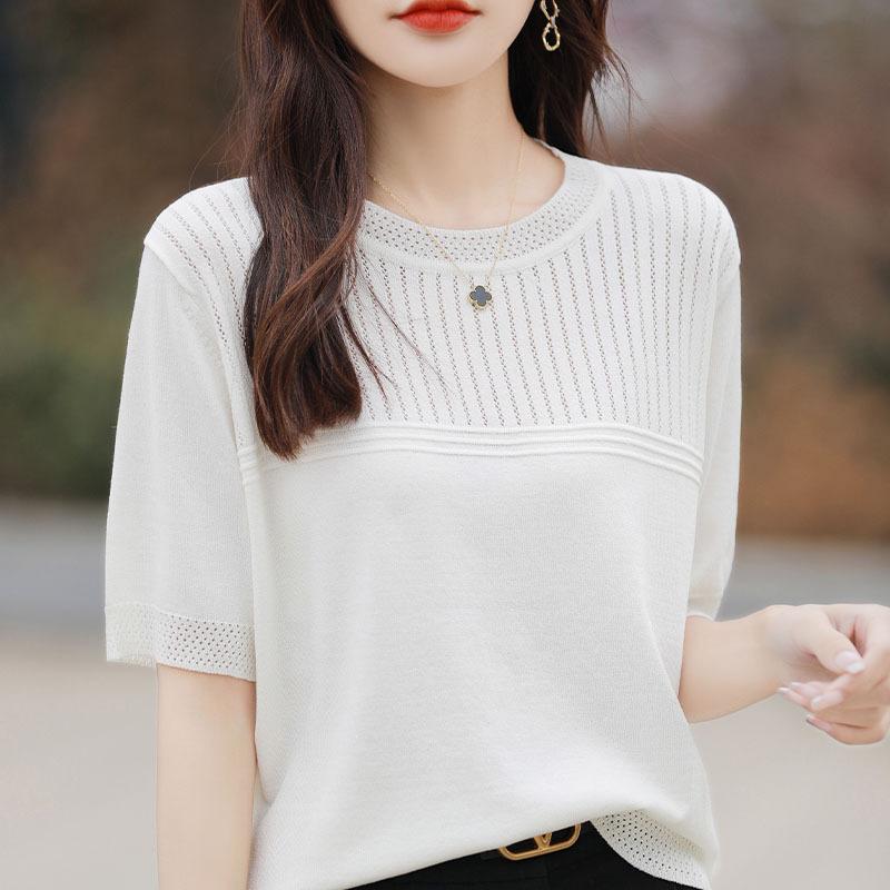 IHUASU Dámský letní jednobarevný dutý pletený top z ledového hedvábí s krátkým rukávem